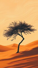 Solitary tree stands in the orange desert landscape