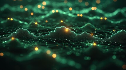 Abstract representation of interconnected digital clouds with glowing nodes in a dark environment