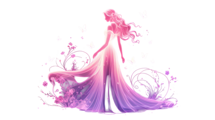 Glowing Neon Silhouette of a Woman in a Flowing Gown – Transparent Background PNG
