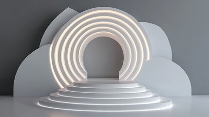 Obraz premium Modern Minimalist 3D Render: Illuminated Archway Product Display Podium AI Generated