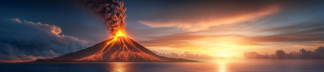 Fototapeta premium Volcanic Eruption at Sunset Over the Ocean. Generative AI