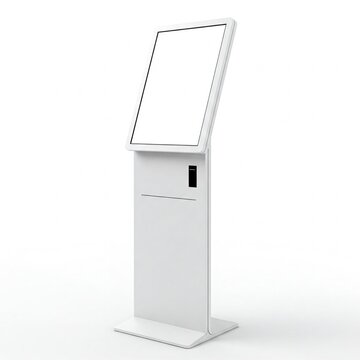 a blank white mockup background texture of a digital kiosk or information terminal with a display screen mounted on a base stand.A self-service station or interactive display unit for retail or public