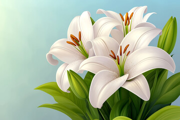 Obraz premium A bouquet of white flowers with green leaves. The flowers are in full bloom and are arranged in a vase. Concept of freshness and beauty, as the white flowers are the main focus of the scene