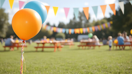A child birthday party in a park, featuring picnic tables covered in bright tablecloths, surrounded by balloons tied to chairs. Kids play with streamers in the grass while parents chat
