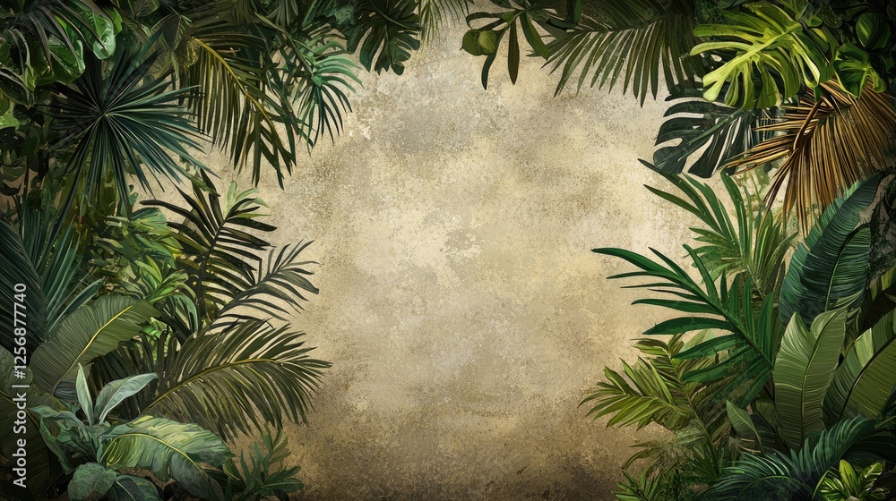 Poster Tropical leaves frame, textured background, jungle foliage, design element, website banner