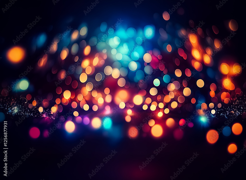 Wall mural vibrant, colorful, blurry lights on a dark backdrop form a festive bokeh, creating an abstract, drea