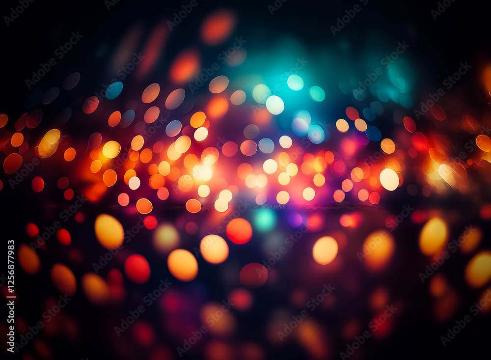 Poster blurred colorful lights create a vibrant bokeh effect on a dark backdrop, evoking a festive and cele