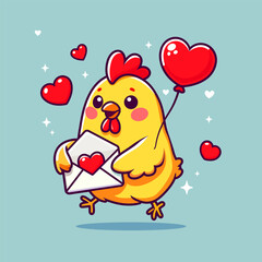 Cute Valentine's Day vector illustration with yellow chicken, rooster with hearts. Young cockerel with hearts character vector Illustration. Cute cartoon chicken. Little chick