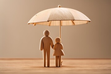 Wooden figurines, a parent and child, stand beneath a light beige umbrella, highlighting the concept of family protection.