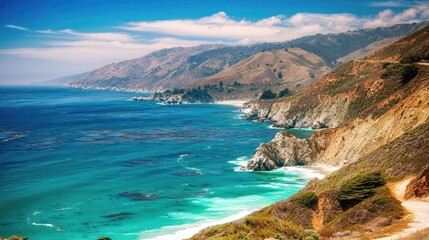 Obraz premium Scenic coastal view showcasing rugged cliffs, vibrant ocean waves, and distant mountains under a clear sky