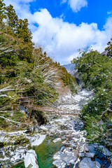 Dramatic view of a bridge over the river in winter, Kazurabashi Vine Bridge in Tokushima Prefecture in Japan, Travel or outdoor, High resolution over 50MP