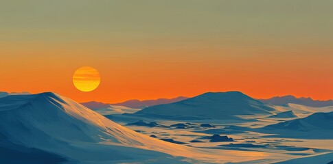 Sunset shines above the snow covered mountain range view