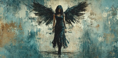 Dark angel walking forward with striking black wings behind