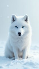 Fototapeta premium Elegant Arctic Wolf portrait with a plastic shiny style. The animal is in a tranquil, serene atmosphere. Snow background with fluffy white fur. Plastic style shiny. White fur sitting wolf shiny in a