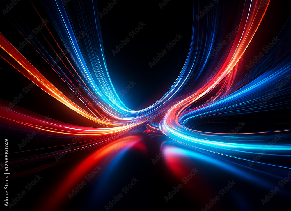 Aufkleber abstract red and blue light trails curve and flow dynamically on dark, creating speed and motion wit