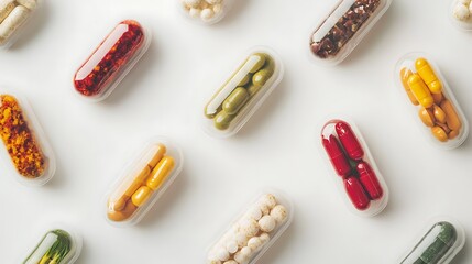 Food and vitamin supplements in tablets, on a white background