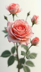 Elegant Close Up Of Fresh Rose Flowers And Buds In Pastel Colors, a Delicate And Flower Arrangement, Showcasing Petals and Realistic Leaves, On a Plain Pale Pastel Background, With a Neutral Toned