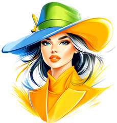 A woman wearing a yellow jacket and a green hat. She has blue eyes and a smile