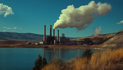 Industrial Pollution's Impact on the Environment A Visual Representation of Fossil Fuel Power Plant Emissions Over a Calm Reservoir.