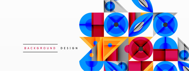 Geometric abstract composition with intersecting shapes, circles, triangles, and gradients, blending vibrant colors and dynamic contrasts to create a modern, futuristic visual design