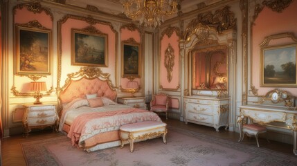 Fototapeta premium A luxurious bedroom featuring Peach Fuzz walls adorned with gold picture frames.