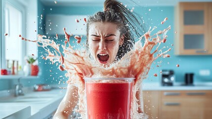 Woman screaming while holding exploding blender with red smoothie