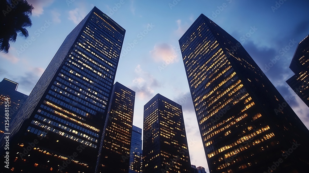 Poster stunning twilight view of modern skyscrapers with illuminated windows against a dramatic sky : gener