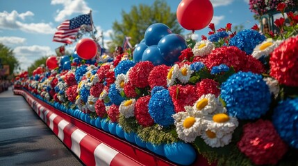 Patriotic Parade Float with Flowers and Balloons. Generative AI