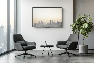 Modern Minimalist Office Waiting Area Featuring Sleek Seating and a Stunning Cityscape Display