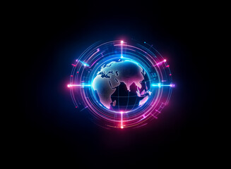 A glowing globe is encircled by vibrant neon lights, radiating energy on a dark backdrop.  Blue and pink hues highlight the planet, creating a futuristic and technological feel.
