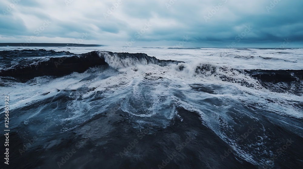 Aufkleber Rough ocean waves crashing against the shore under a moody and cloudy sky : Generative AI
