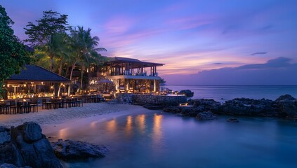 Obraz premium Serene Beachfront Dining Experience at Sunset, a Tropical Island Paradise
