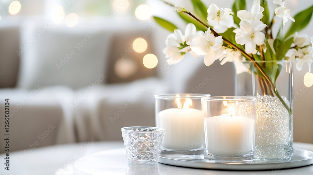 Poster elegant arrangement of white candles and fresh flowers creating a serene ambiance : generative ai