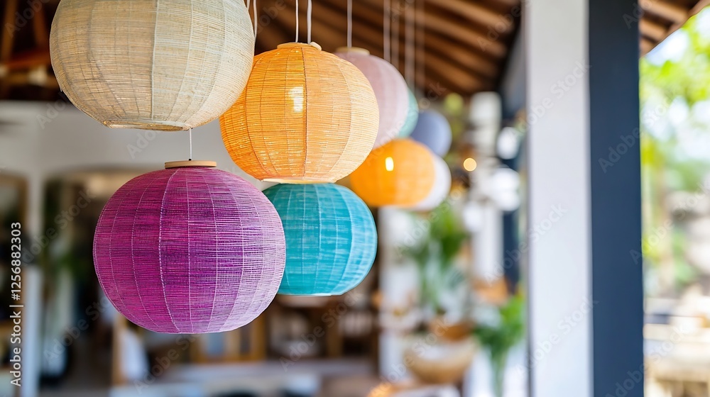 Poster Stylish handmade lanterns in various colors hanging in a cozy and inviting setting : Generative AI