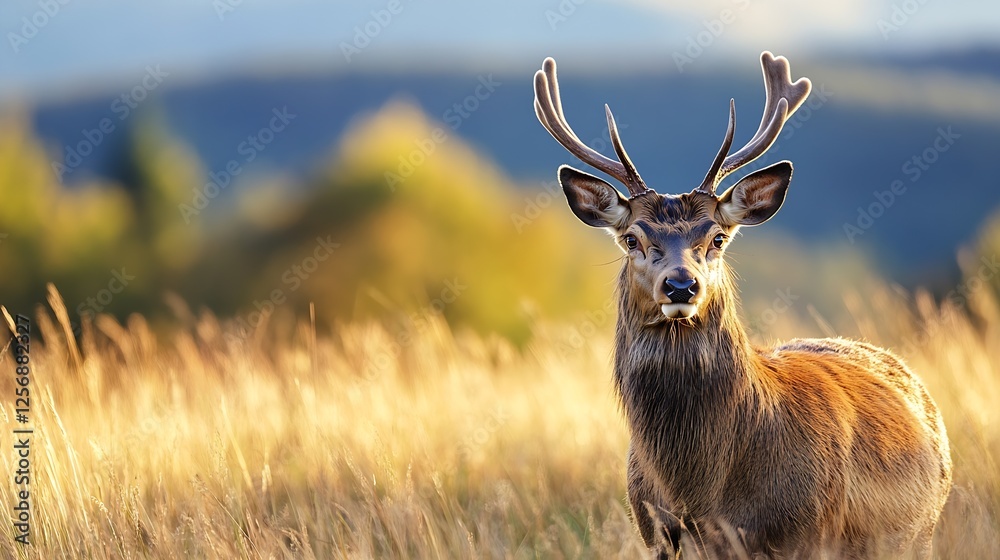 Poster majestic deer with antlers standing in a sunlit field surrounded by greenery : generative ai