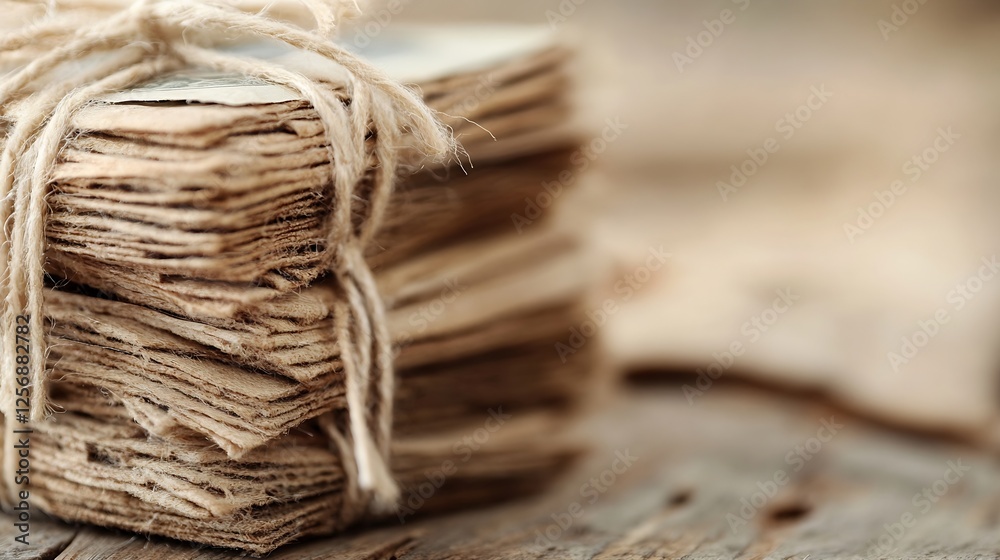 Poster neatly stacked aged paper bundles tied with twine resting on vintage wooden surface : generative ai