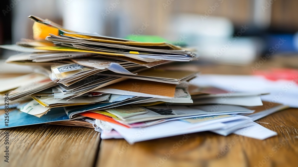 Aufkleber chaotic pile of assorted colorful papers scattered messily across a weathered wooden table : generat