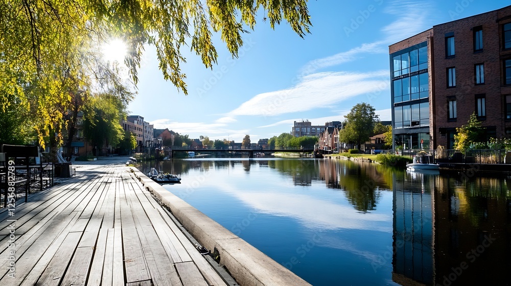 Poster charming waterfront scene with sun shining on a canal surrounded by charming buildings and trees : g