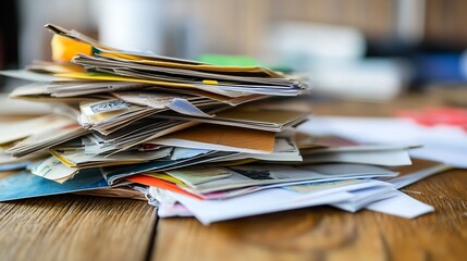 Chaotic pile of assorted colorful papers scattered messily across a weathered wooden table : Generative AI