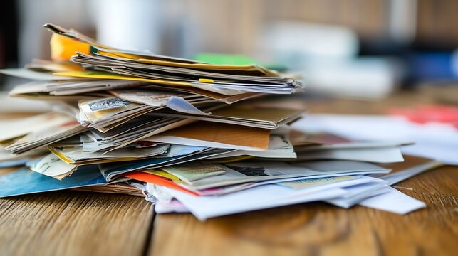Chaotic pile of assorted colorful papers scattered messily across a weathered wooden table : Generative AI