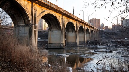 Historic stone arch bridge with city skyline reflection captured at sunset in urban environment : Generative AI