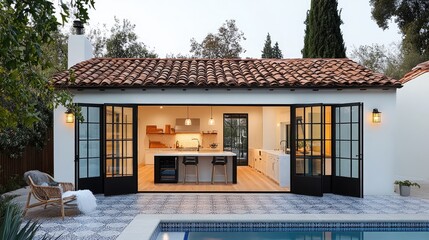 A luxury pool house with seamless, weather-resistant painted tiles for durability.