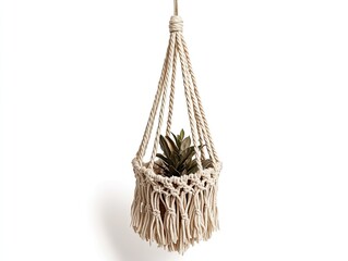 Hanging macrame planter with a plant against a white background for home decoration