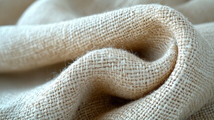 Close-up of textured beige fabric showcasing intricate weave patterns and natural fibers