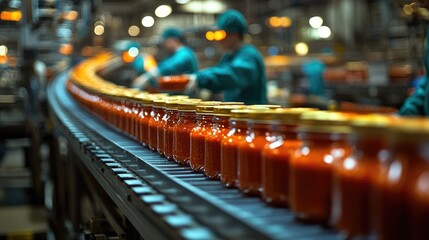 Production line of jars filled with tomato sauce, showcasing workers in a factory setting