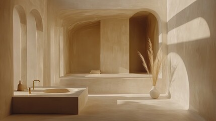 A minimalist bathroom with mold-resistant, painted tiles in neutral tones.