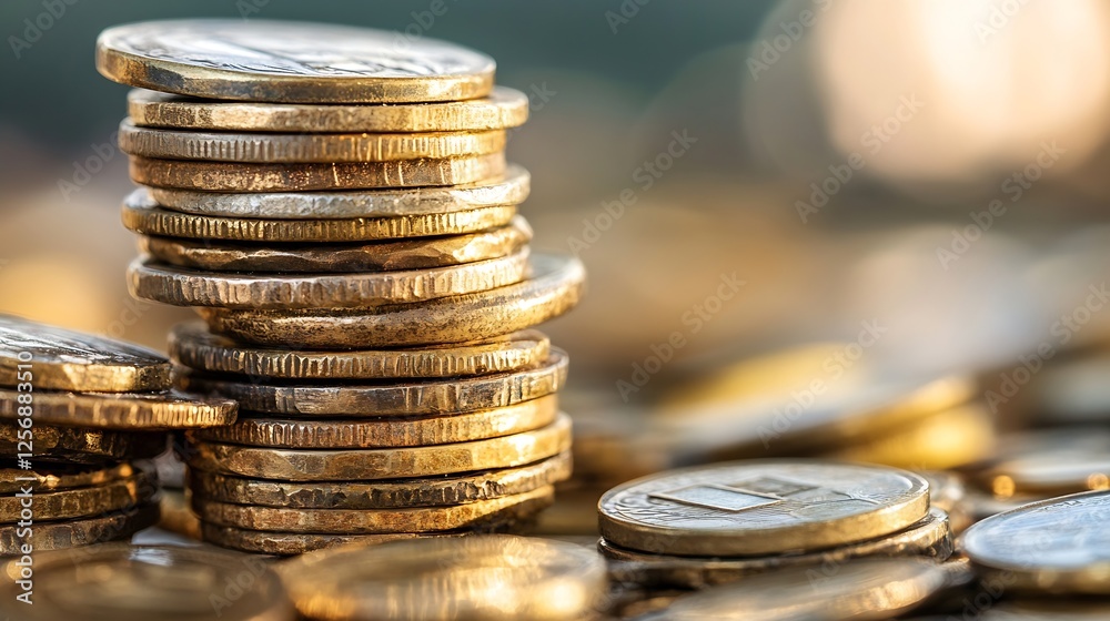 Fototapete stacks of golden coins arranged aesthetically on a table highlighting wealth and financial success i