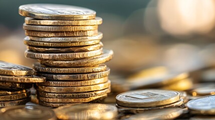 Stacks of golden coins arranged aesthetically on a table highlighting wealth and financial success in a blurry background : Generative AI