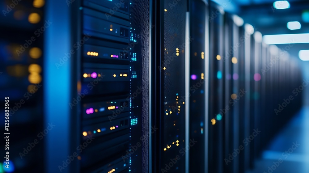 Poster Modern data center featuring rows of server racks illuminated with colorful LED lights : Generative AI