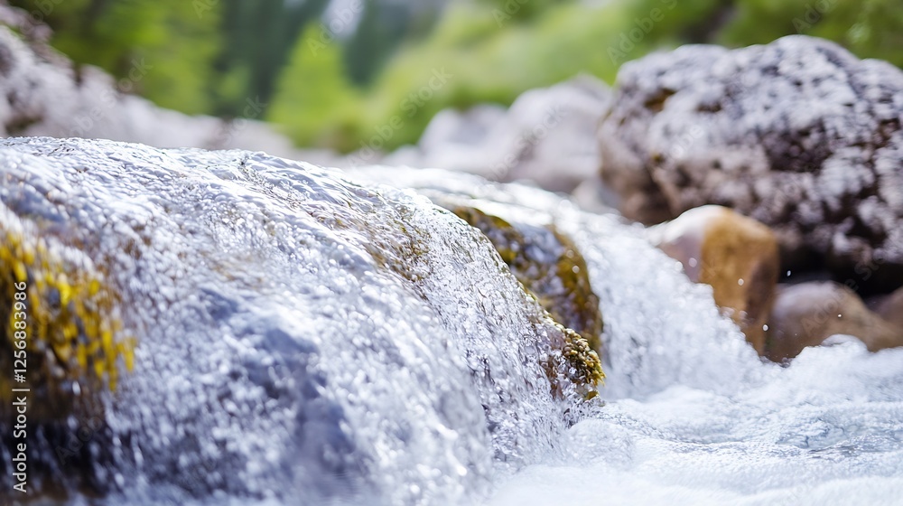 Poster close up of a crystal clear river flowing over smooth rocks in a lush green landscape : generative a
